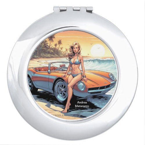 Girl with sports car compact mirror