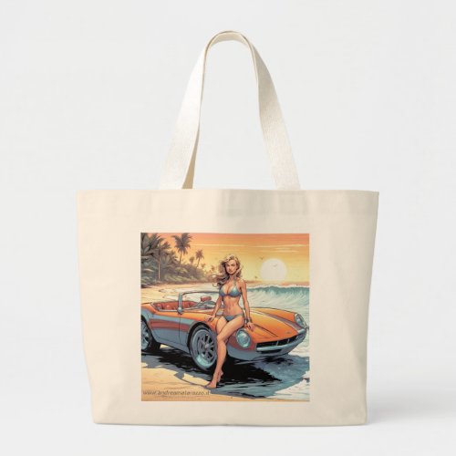 Girl with sports car large tote bag