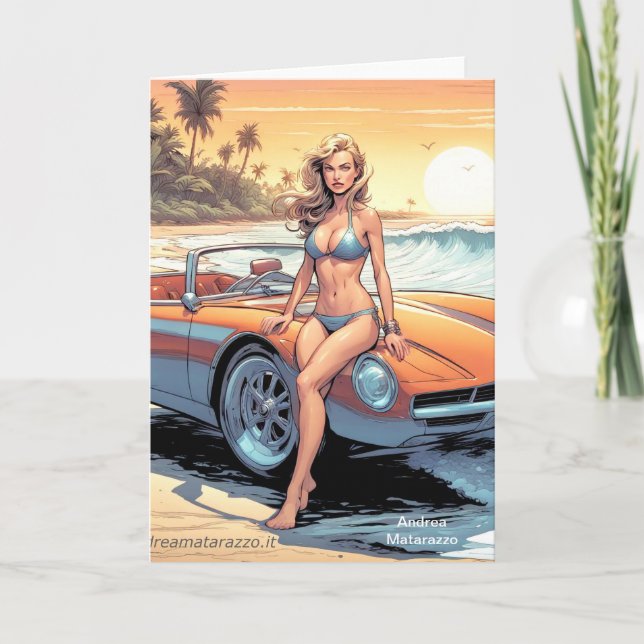 Girl with sports car note card (Front)