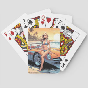 Girl with sports car poker cards