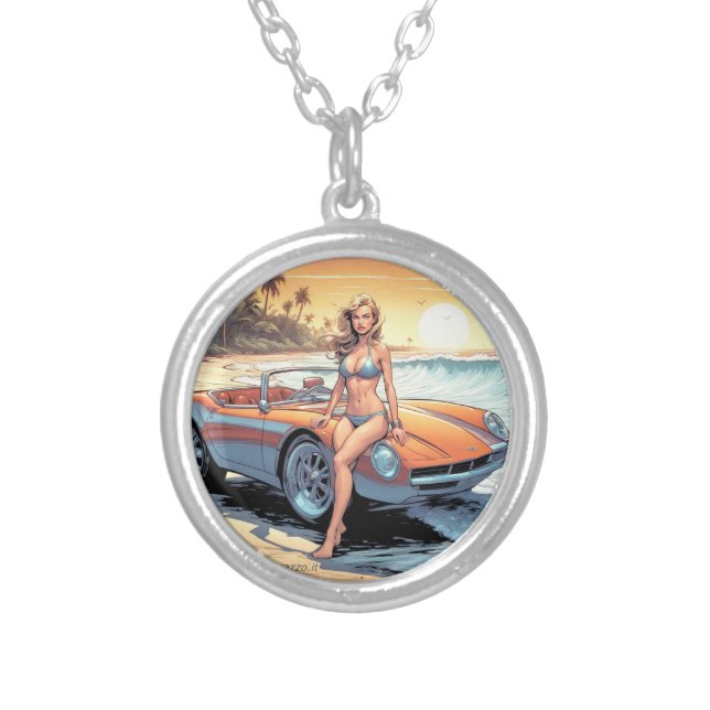 Girl with sports car silver plated necklace (Front)