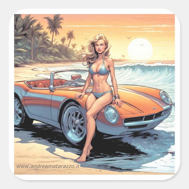 Girl with sports car square sticker (Front)
