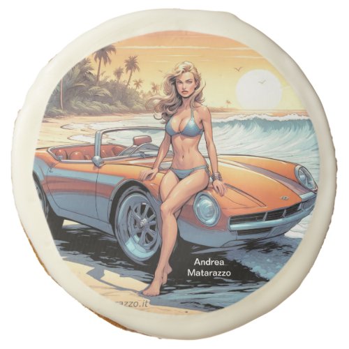 Girl with sports car sugar cookie