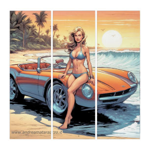 Girl with sports car triptych