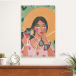 Girl with summer hat sunglasses floral wallpaper  faux canvas print<br><div class="desc">Girl with big yellow summer hat sage green floral wallpaper behind her and a cocktail and sunglasses in her hand with a pink floral shirt. Original artwork by Caroline Bonne Müller.</div>