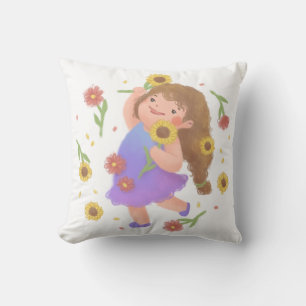 Girl with Sunflowers Illustration Throw Pillow
