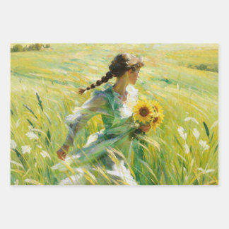 Girl with Sunflowers in Summer Field Wrapping Pape Paper Sheets