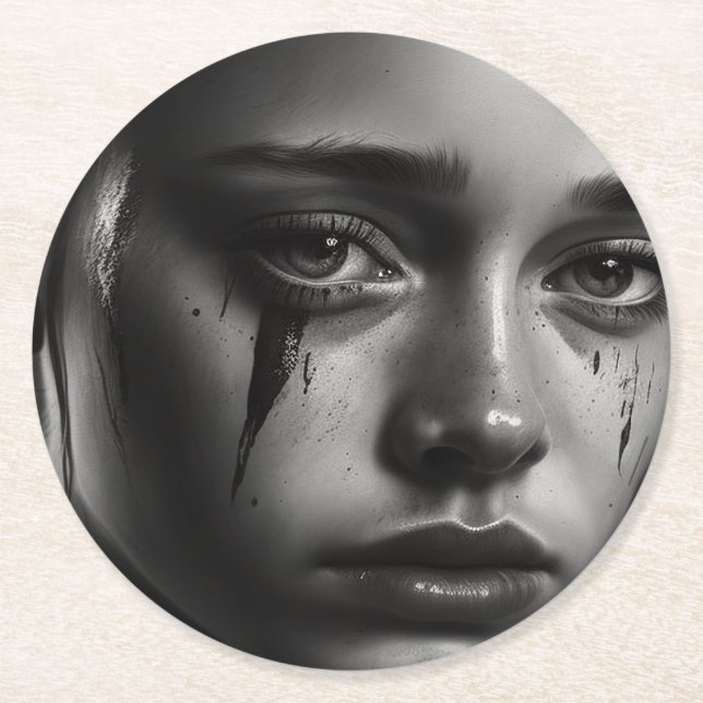 Girl with tears round paper coaster (Front)