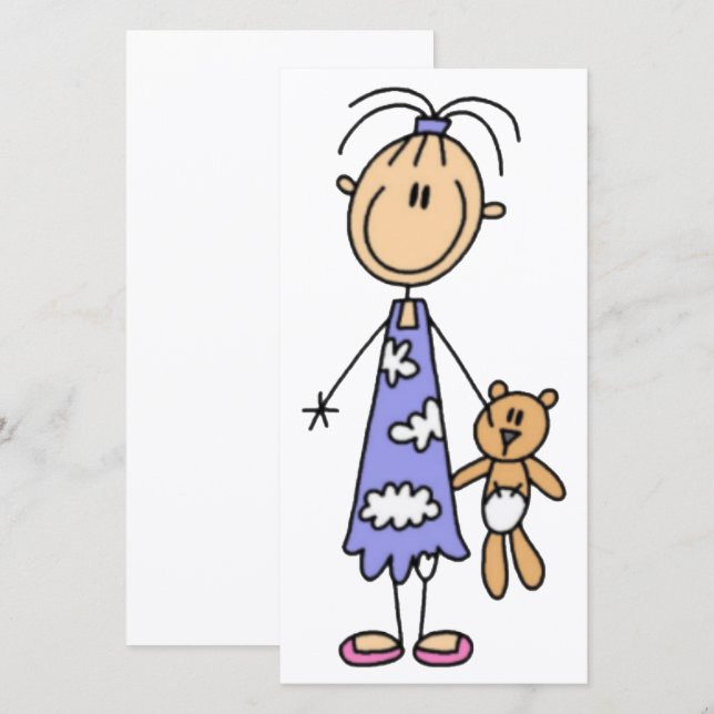 Girl With Teddy Bear Stick Figure Girls Flat Card (Front/Back)