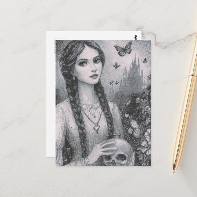 Girl With the Skull Black and White Fantasy  Postcard (Front/Back In Situ)