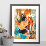 Girl with tiger sunset jungle poster<br><div class="desc">An beautiful girl with a tiger in a tropical jungle with sunset. Original artwork by Caroline Bonne Müller.</div>