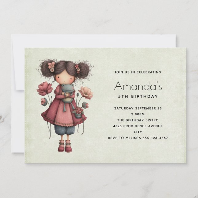 Girl with Toy Frog Cute Whimsical Doll Birthday Invitation (Front)