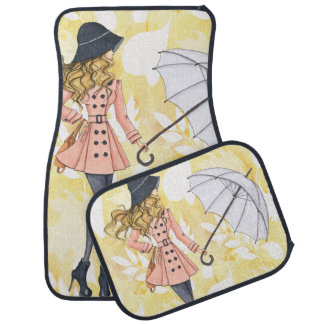 Girl With Umbrella Against Yellow Autumn Leaves Car Mat