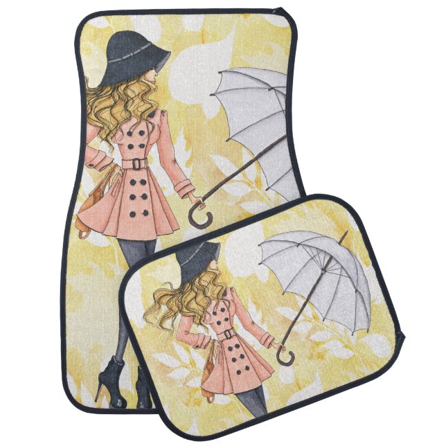 Girl With Umbrella Against Yellow Autumn Leaves Car Mat (Set)