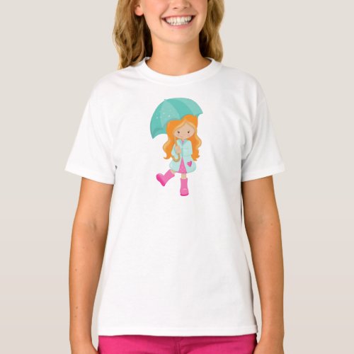 Girl With Umbrella Girl In Raincoat Orange Hair T_Shirt