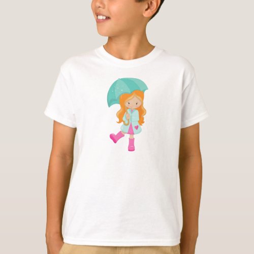 Girl With Umbrella Girl In Raincoat Orange Hair T_Shirt