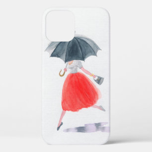 Girl with umbrella in rain. fashion illustration. iPhone 12 case