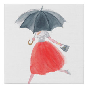 Girl with umbrella in rain. fashion illustration.  faux canvas print