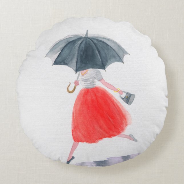 Girl with umbrella in rain. fashion illustration.  round pillow (Front)