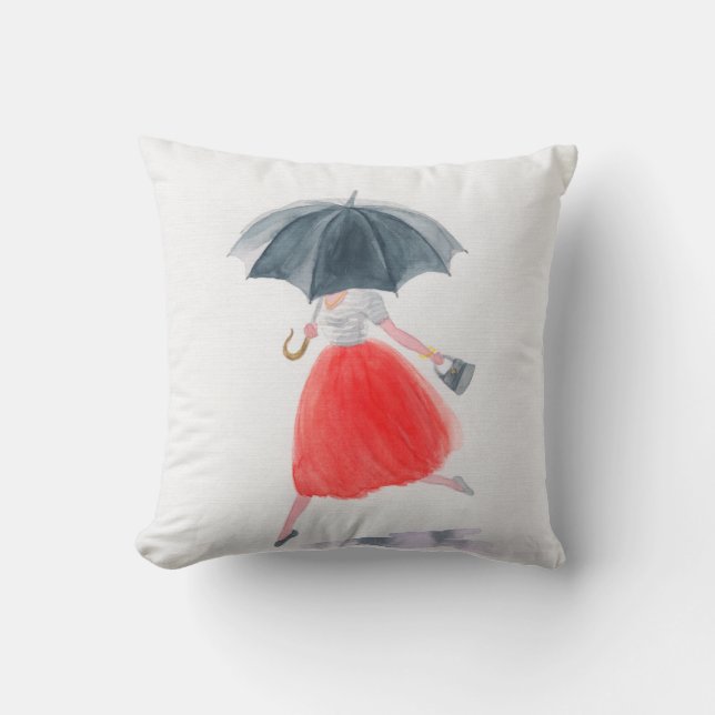 Girl with umbrella in rain. fashion illustration.  throw pillow (Front)