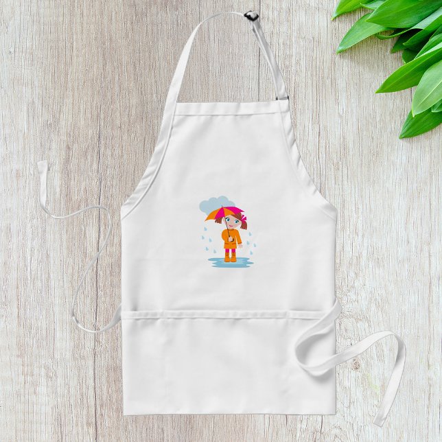 Girl with Umbrella in Rain Kids Rainy Day Adult Apron (Creator Uploaded)