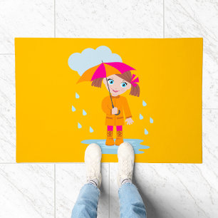 Girl with Umbrella in Rain Kids Rainy Day Doormat