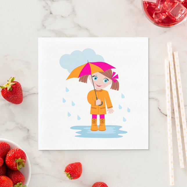Girl with Umbrella in Rain Kids Rainy Day Napkins (Creator Uploaded)
