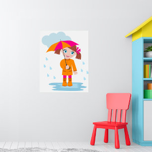 Girl with Umbrella in Rain Kids Rainy Day Poster