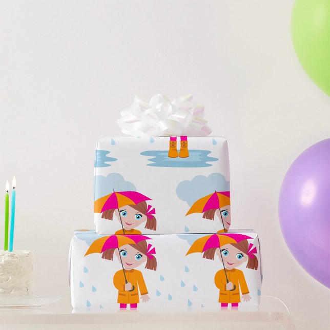 Girl with Umbrella in Rain Kids Rainy Day Wrapping Paper (Creator Uploaded)