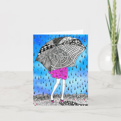 Girl with Umbrella in the Rain Greeting Card