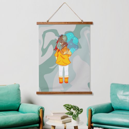 Girl with Umbrella in Wind Drawing Green Swirl Hanging Tapestry
