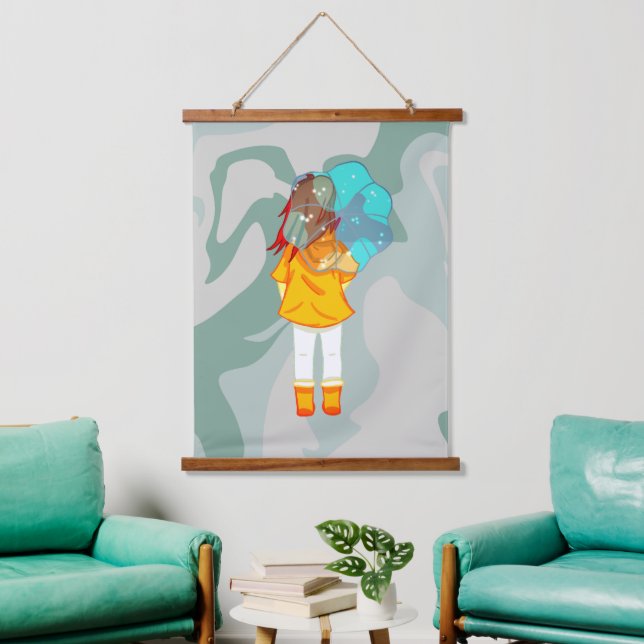 Girl with Umbrella in Wind Drawing Green Swirl Hanging Tapestry (Living Room)