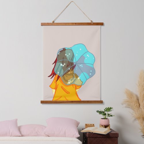 Girl with Umbrella in Wind Drawing Hanging Tapestry