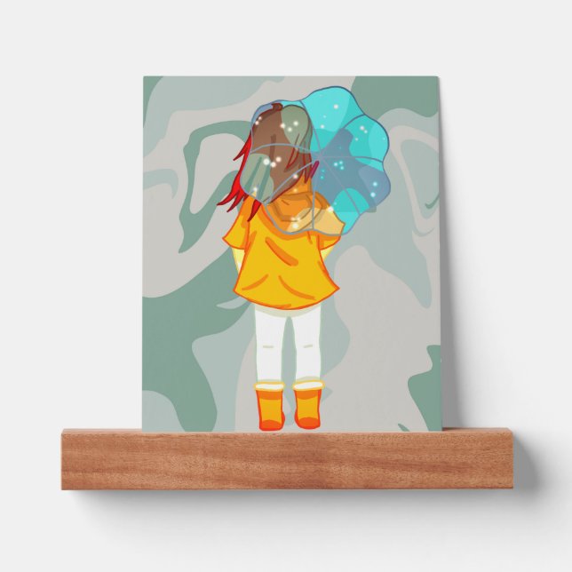 Girl with Umbrella in Wind Drawing Swirl Picture Ledge (Front)