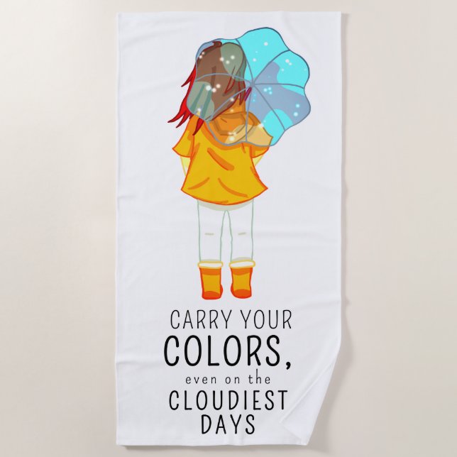 Girl with Umbrella in Wind Positive Quote Beach Towel (Front)