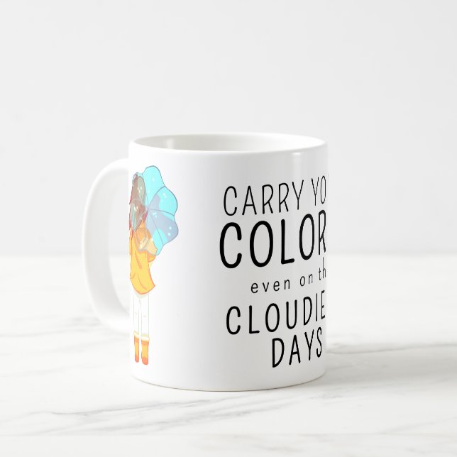 Girl with Umbrella in Wind Positive Quote Coffee Mug (Front Left)