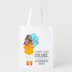 Girl with Umbrella in Wind Positive Quote Grocery Bag