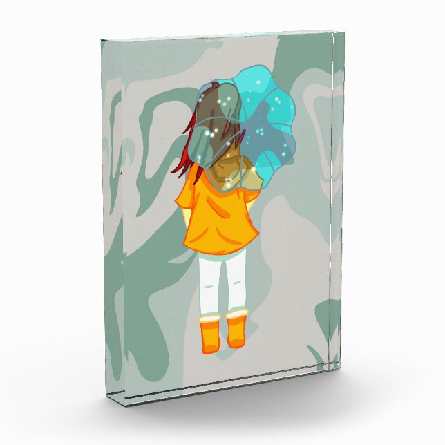Girl with Umbrella in Wind Rain Green Swirl Photo Block (Left)
