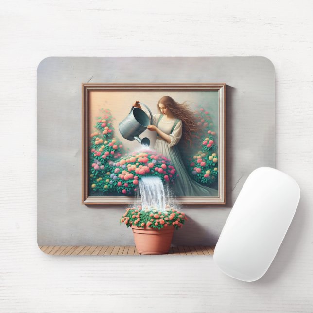 Girl With Watering Can In Garden Painting Mouse Pad (With Mouse)