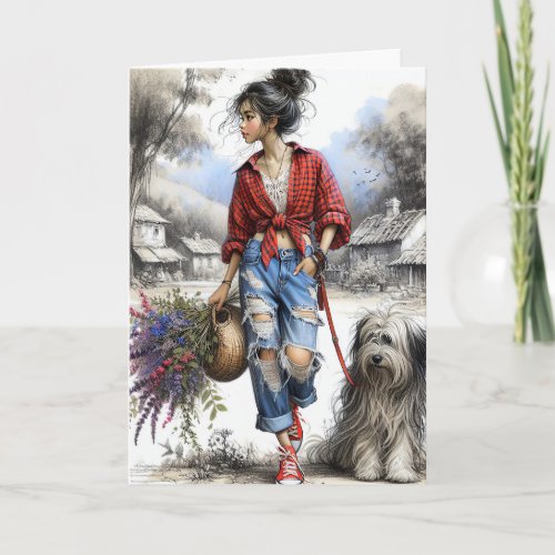 Girl with Wildflower Basket for Birthday Card