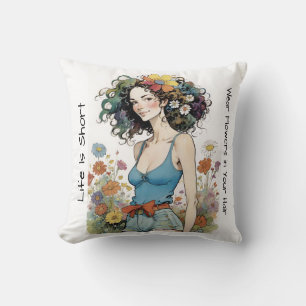 Girl with Wildflowers in Her Hair Throw Pillow