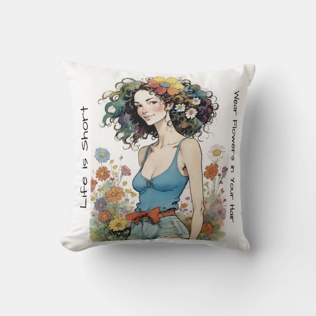 Girl with Wildflowers in Her Hair Throw Pillow (Front)