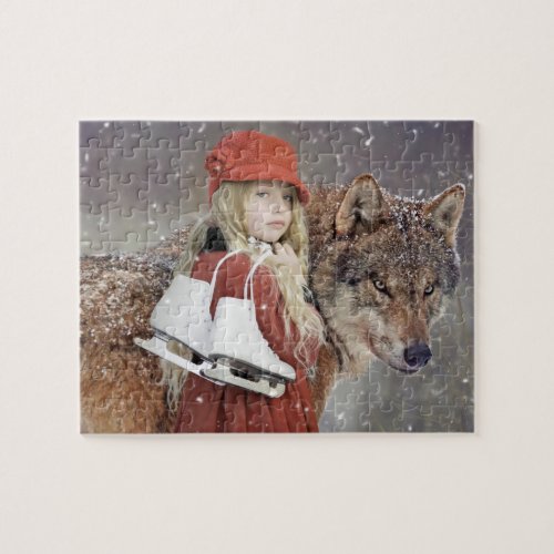 Girl with Wolf and Skates Winter Jigsaw Puzzle