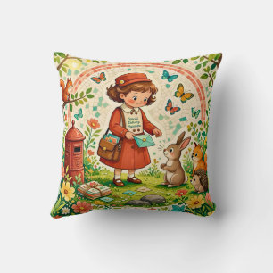 ~ GIRL WITH WOODLAND CREATURES ~ Sweet Vintage~ Throw Pillow