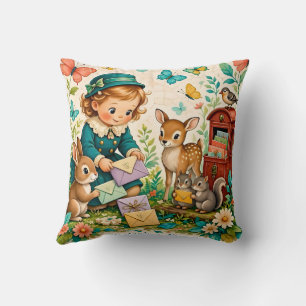 ~ GIRL WITH WOODLAND CREATURES ~ Sweet Vintage~ Throw Pillow
