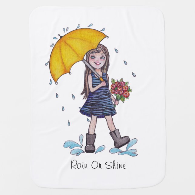 Girl With Yellow Umbrella In Watercolor Baby Blanket (Front)