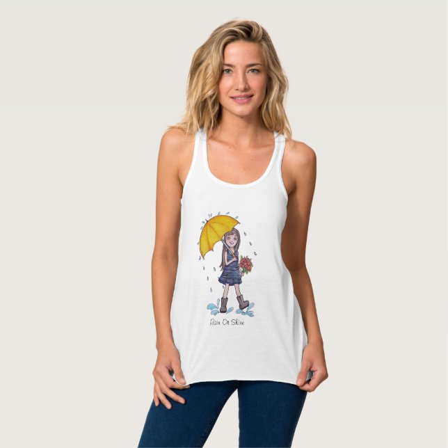 Girl With Yellow Umbrella In Watercolor Tank Top (Front Full)