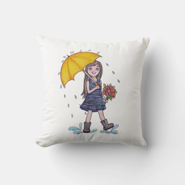 Girl With Yellow Umbrella In Watercolor Throw Pillow (Front)