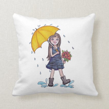 Girl With Yellow Umbrella In Watercolor Throw Pillow