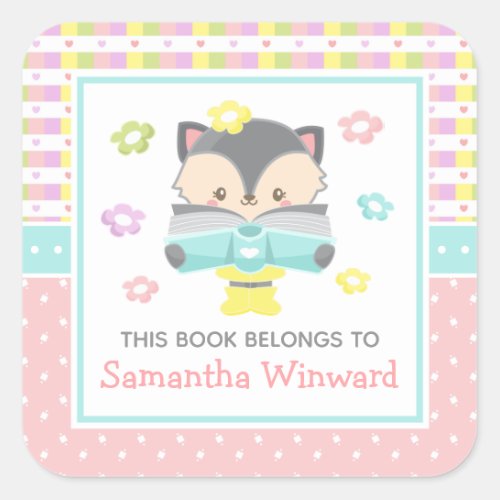 Girl Wolf Pink and Blue Kids Bookplate